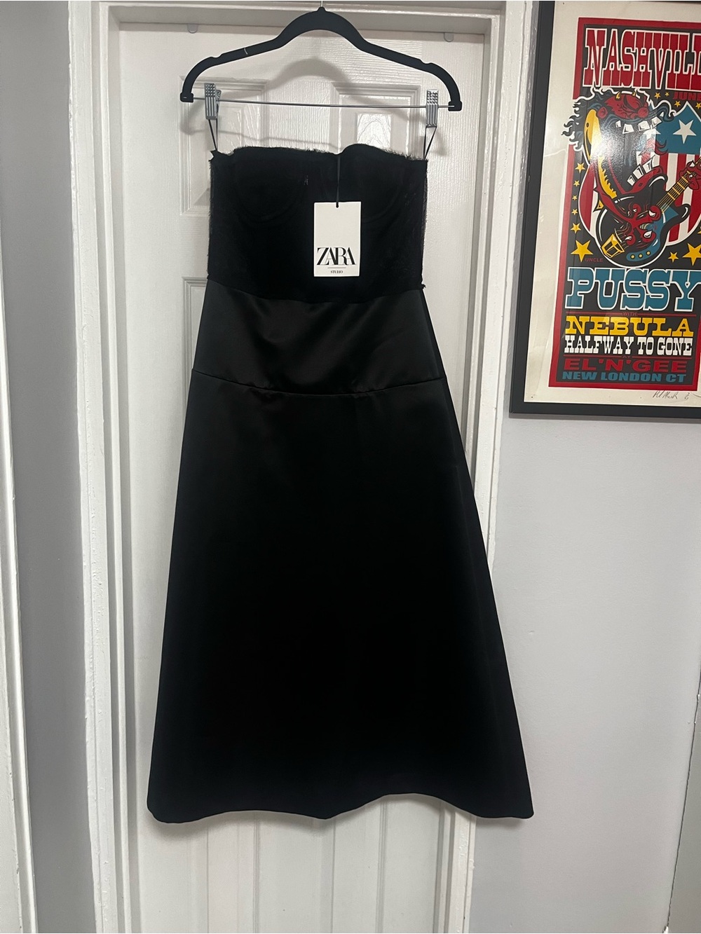 ZARA  STUDIO EDITION Strapless Lace Corset Top Black A-Line Zip BackSatin  Dress